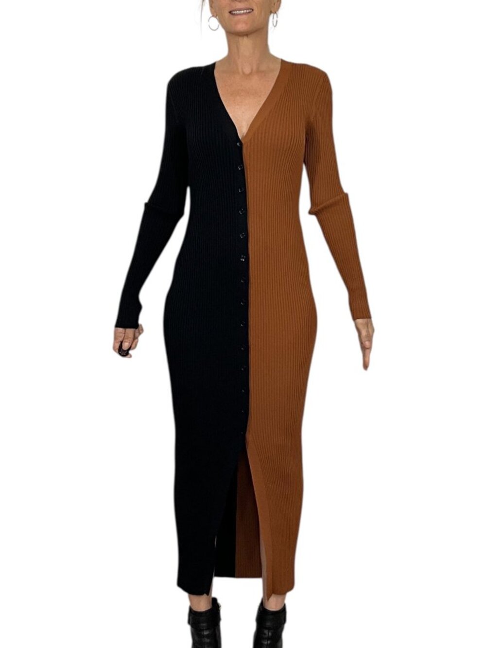 Staud Shoko Colorblocked Midi Dress S Tan Black Ribbed Long Sleeve Fall Fashion - Picture 5 of 16